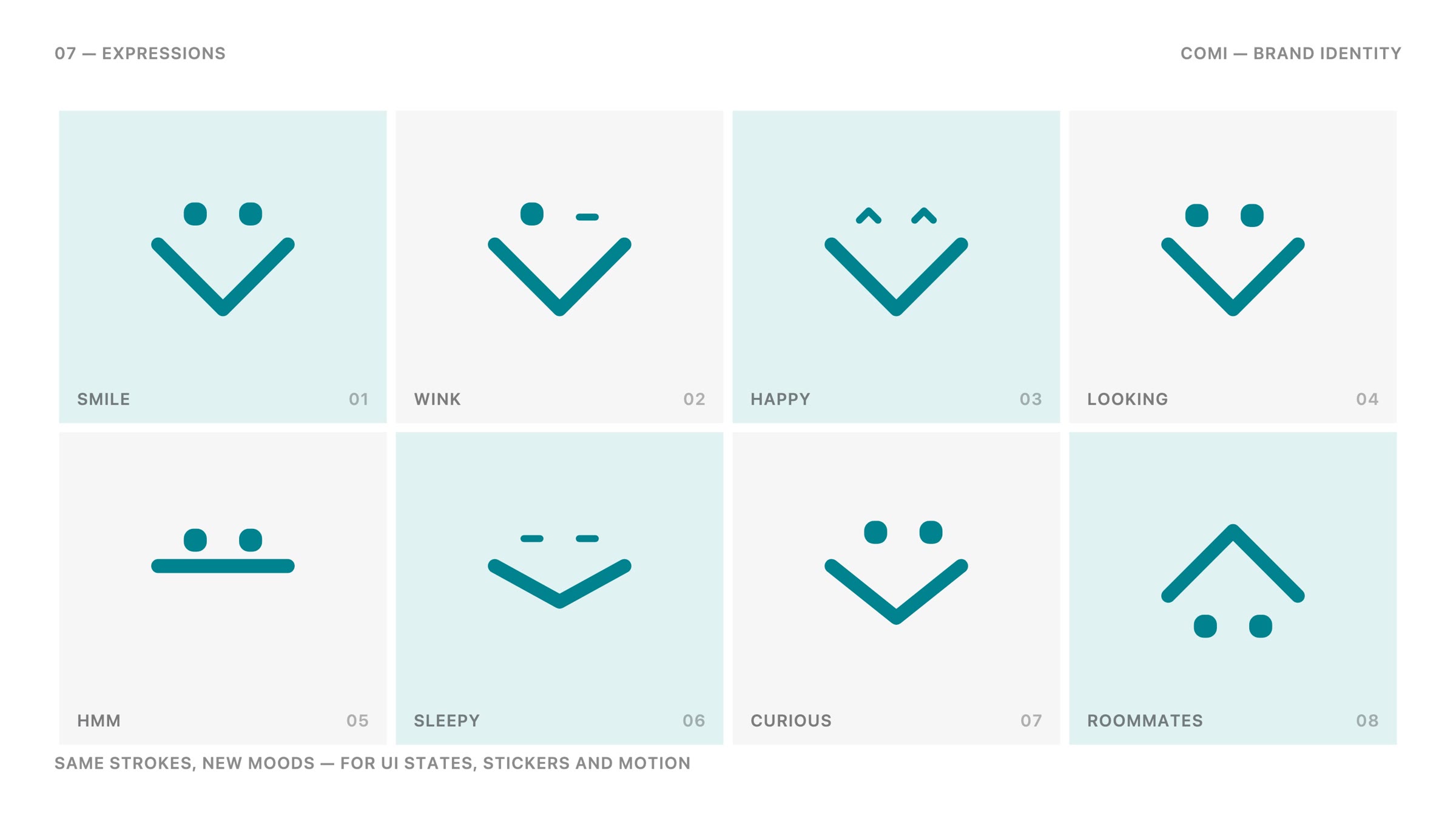 Mascot expressions — smile, wink, happy, looking, hmm, sleepy, curious, roommates