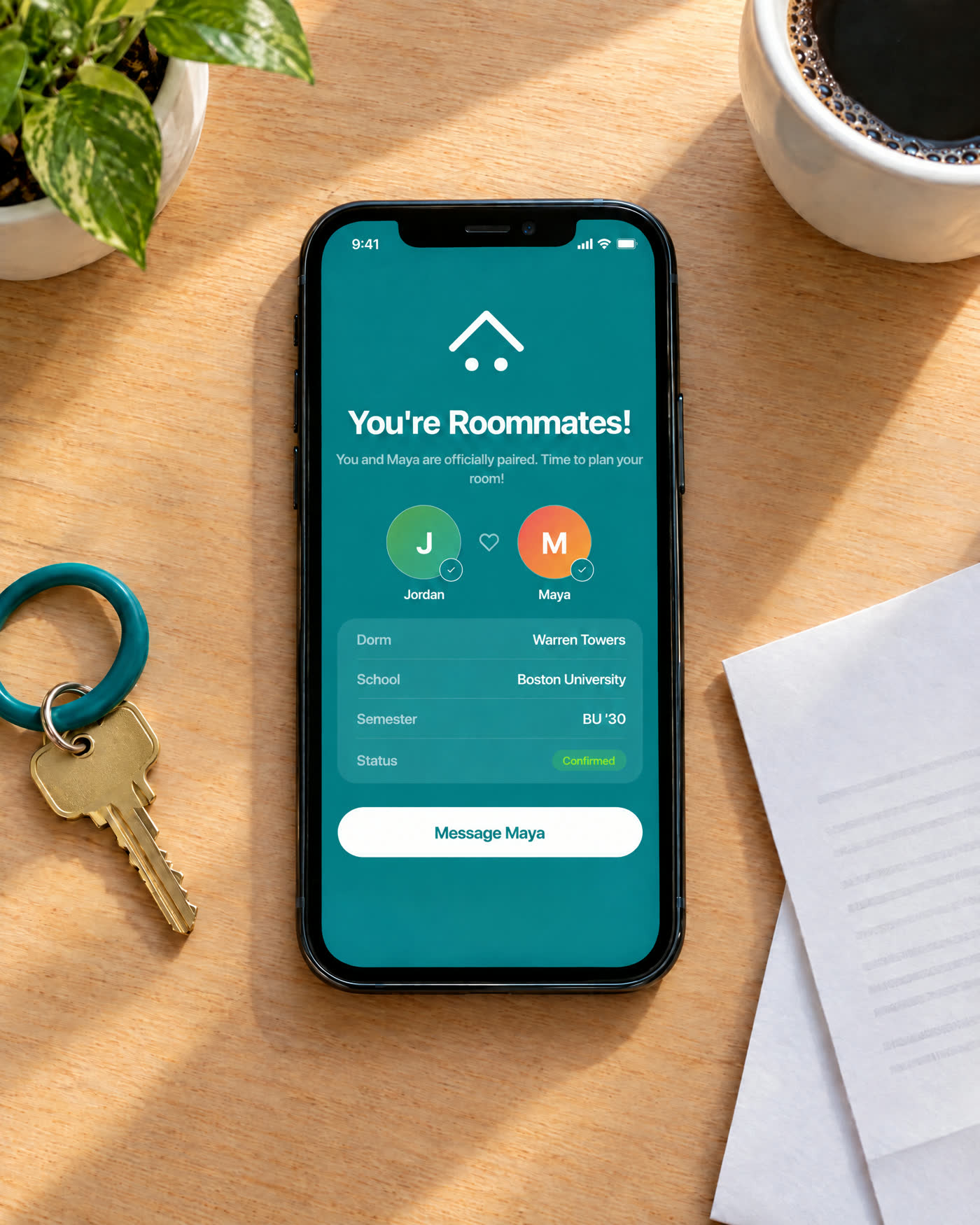 You're Roommates screen with the flipped mascot, two people under one roof