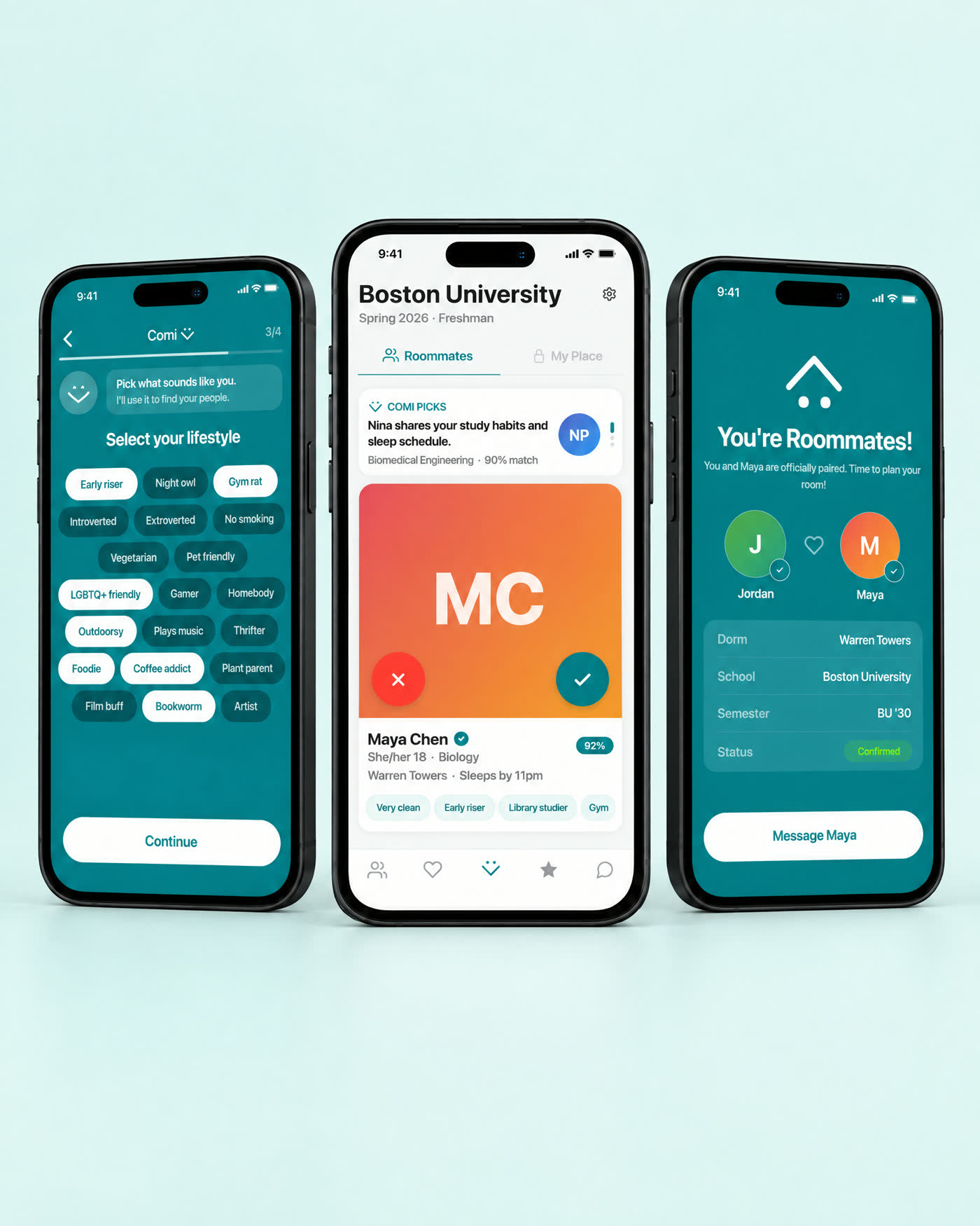 Onboarding guide, home and roommates screens on three phones