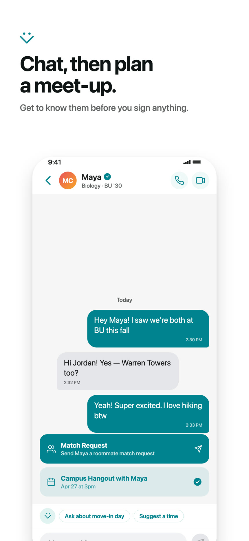 App Store screenshot — Chat, then plan a meet-up
