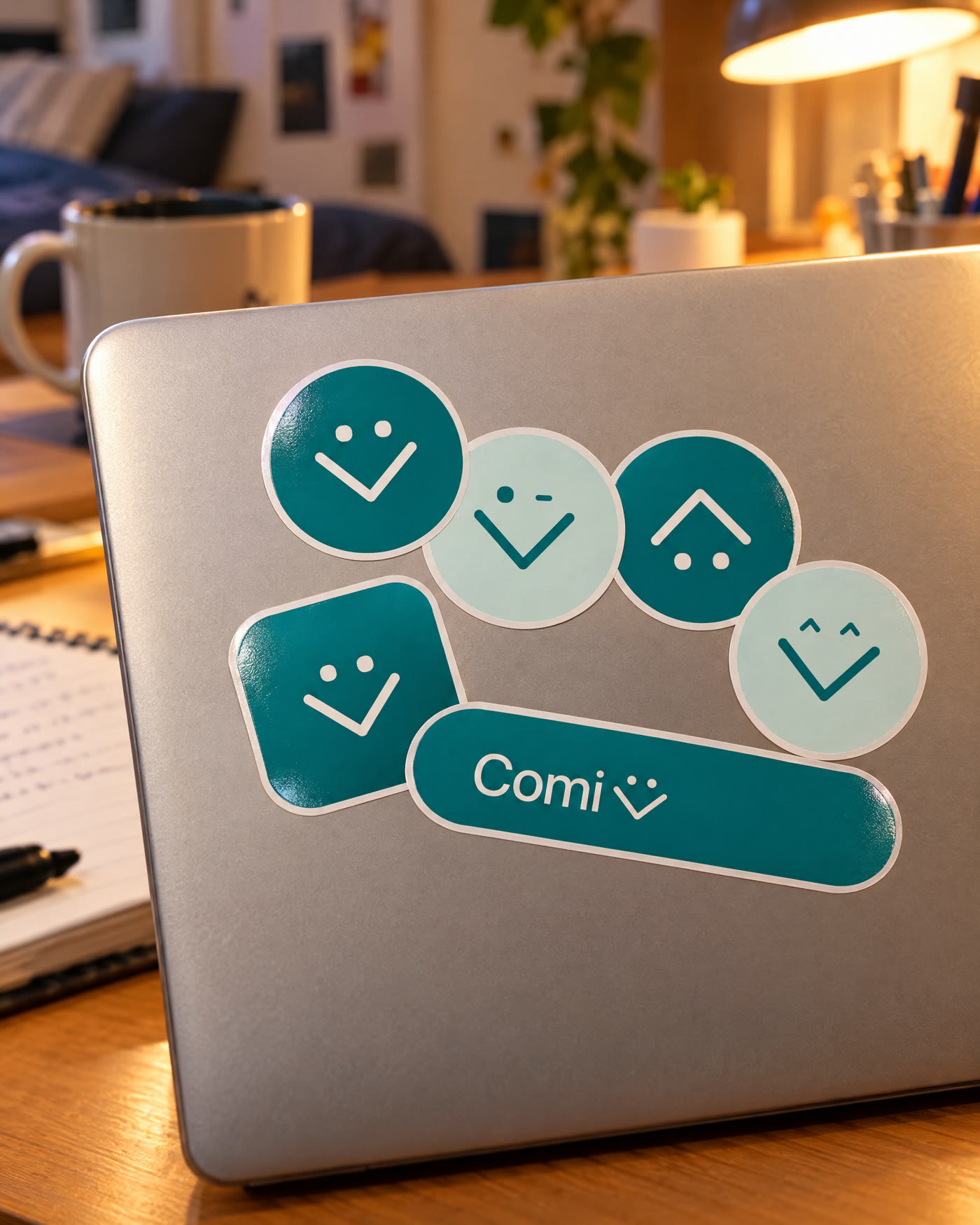 Comi mascot stickers on a laptop lid