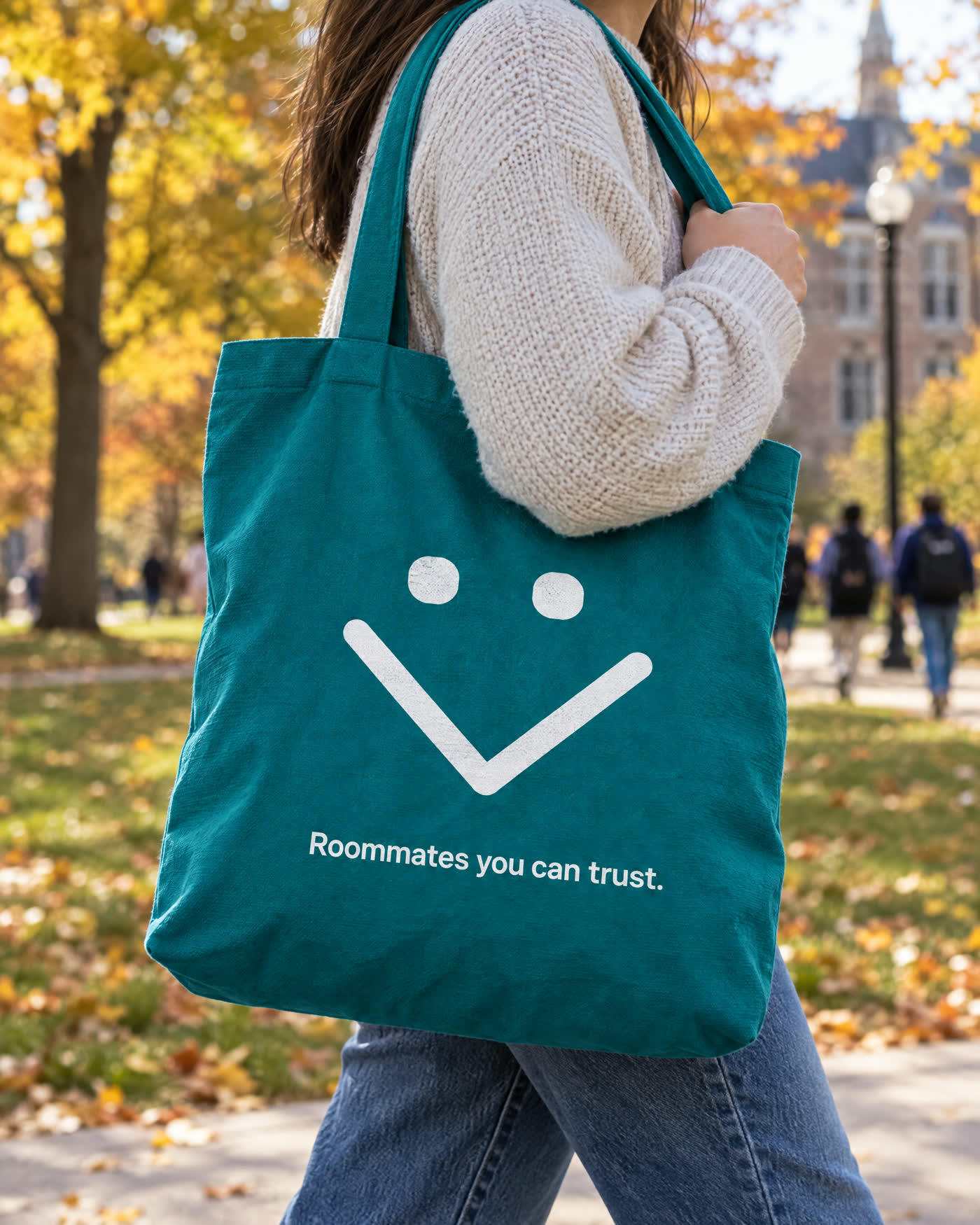 Teal Comi tote bag with the smiling mascot, carried across campus