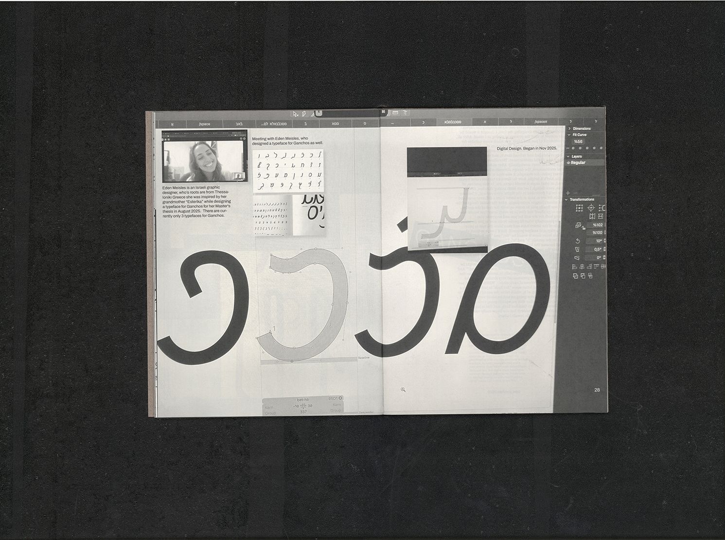 Ganchos Panchos book — spread showing Ganchos Sans being drawn in Glyphs