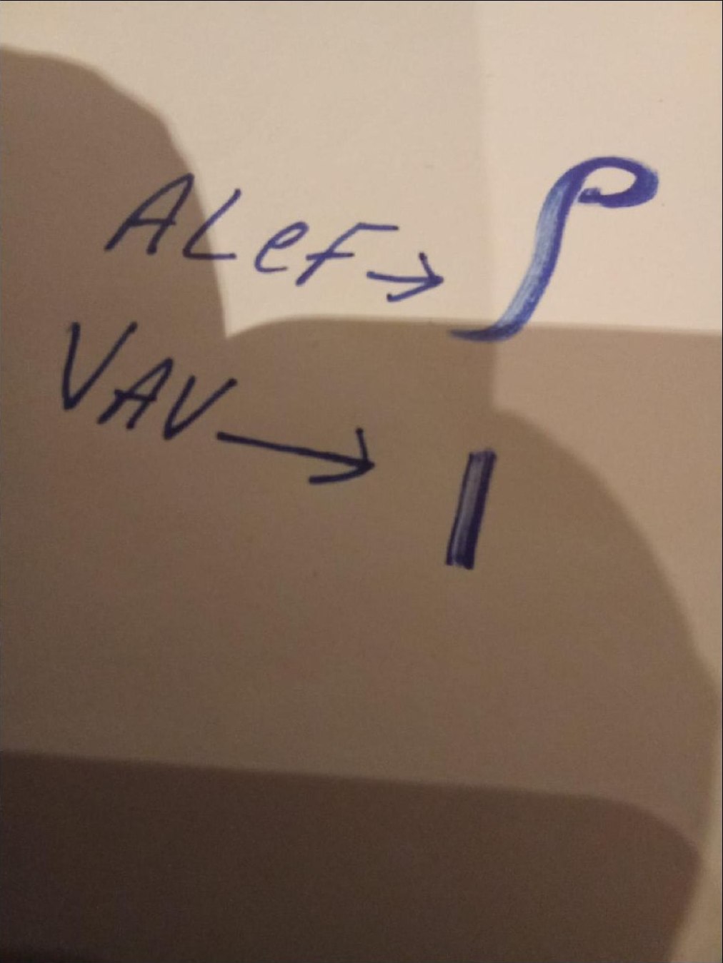 Notebook annotation — alef and vav reduced to their base strokes