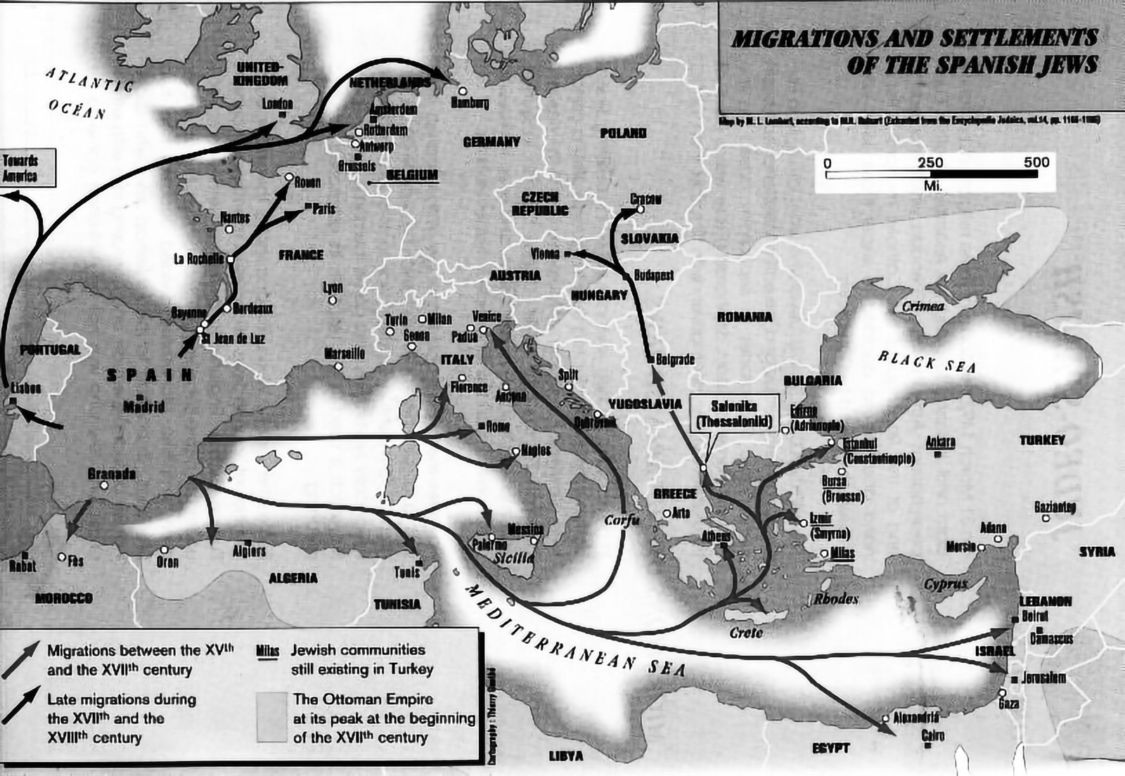 Map — migrations and settlements of the Spanish Jews across the Mediterranean and Ottoman Empire