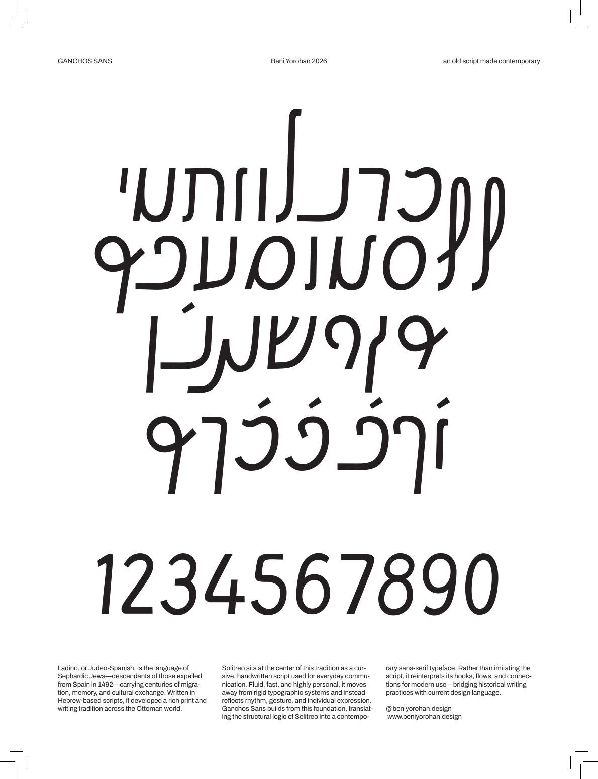 Ganchos Sans specimen sheet — full character set with project introduction