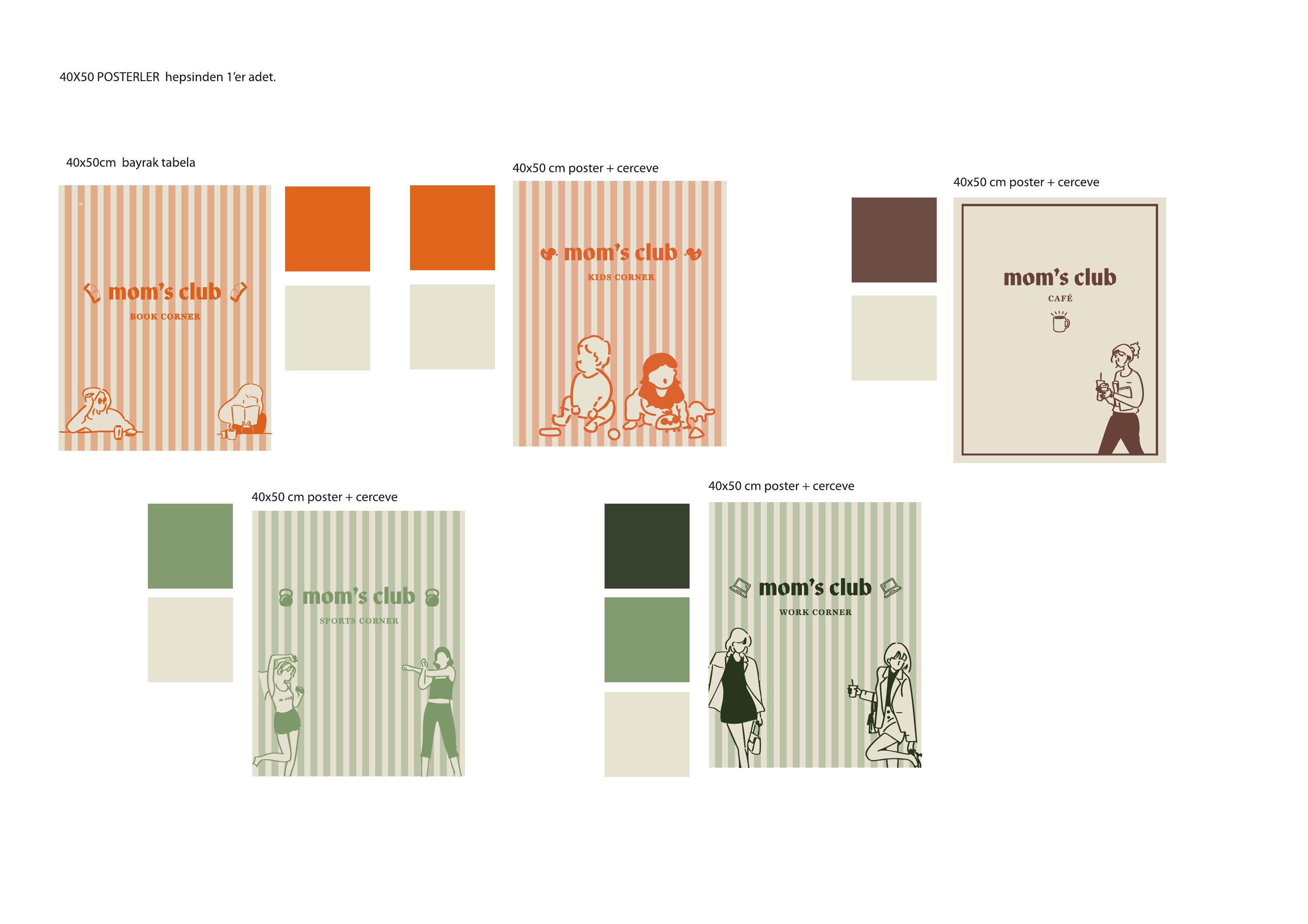 Mom's Club — corner posters: Book, Kids, Café, Sports, Work