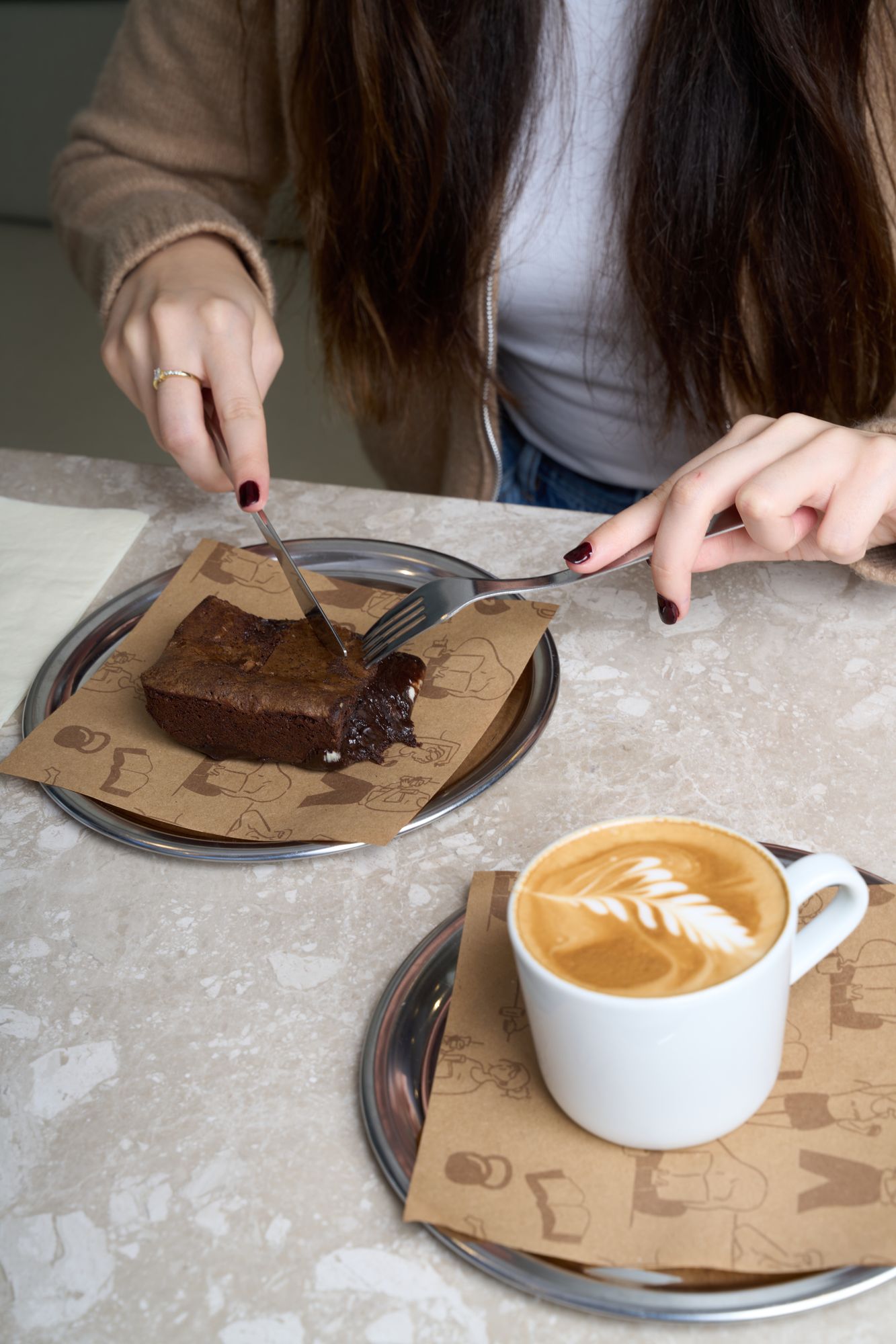 Mom's Club — brownie and latte on branded kraft paper