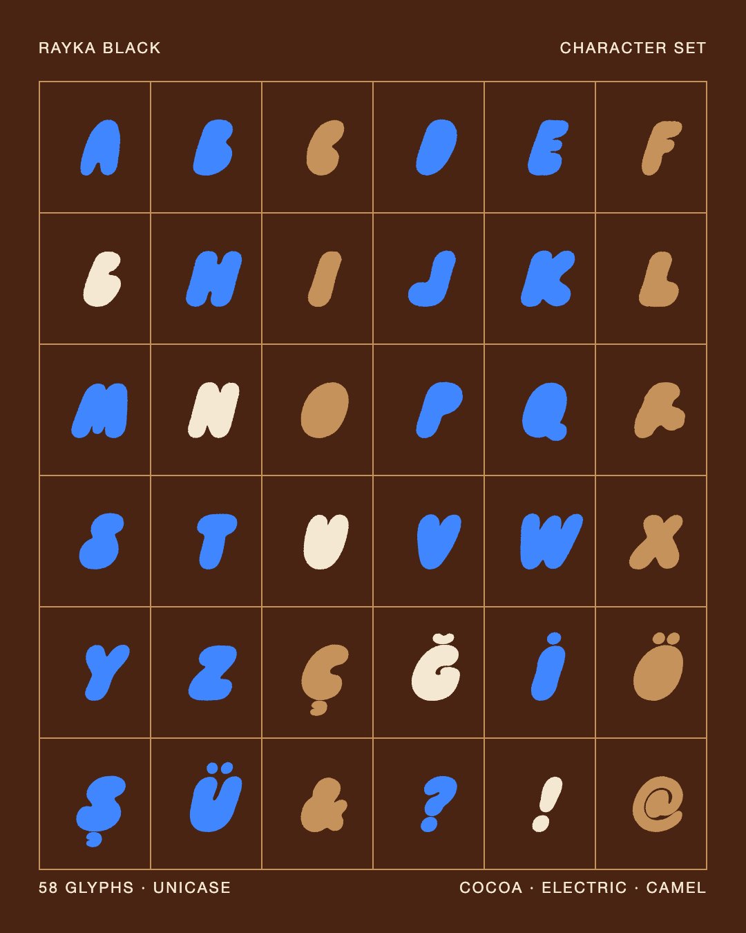 Rayka Black character set on cocoa — 58 glyphs, unicase
