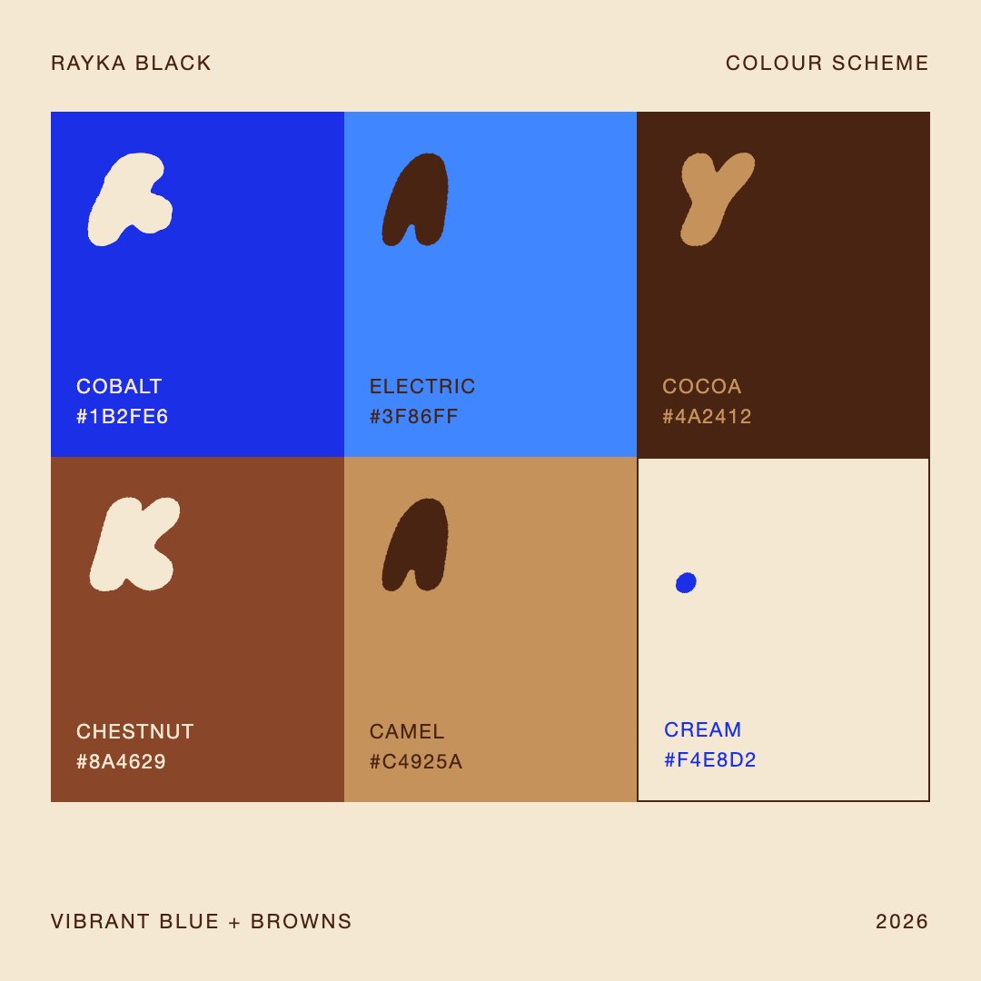 Rayka Black colour scheme — cobalt, electric, cocoa, chestnut, camel, cream