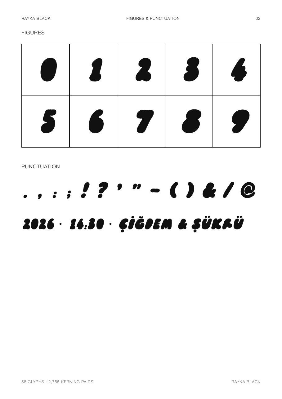 Rayka Black specimen — figures and punctuation