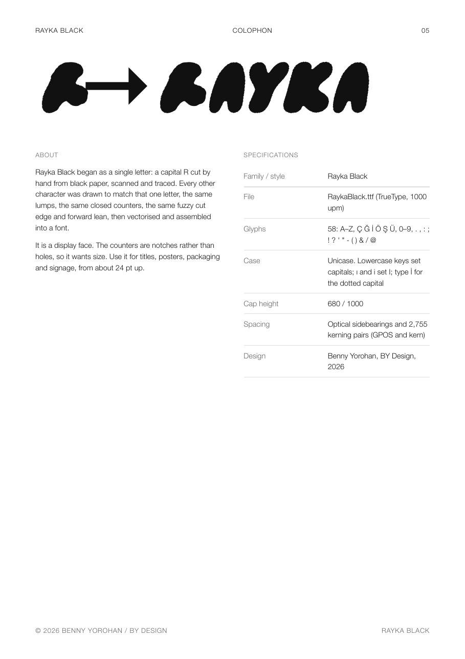 Rayka Black specimen — colophon and specifications
