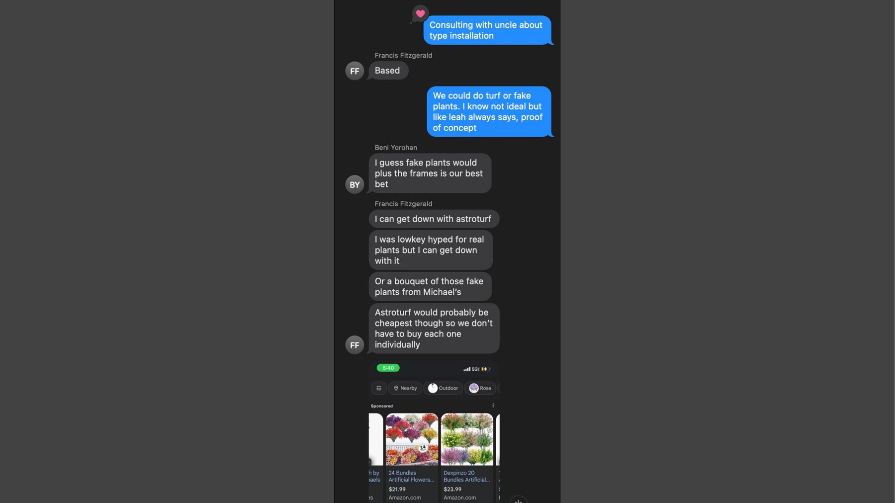 Material sourcing — turf vs fake plants