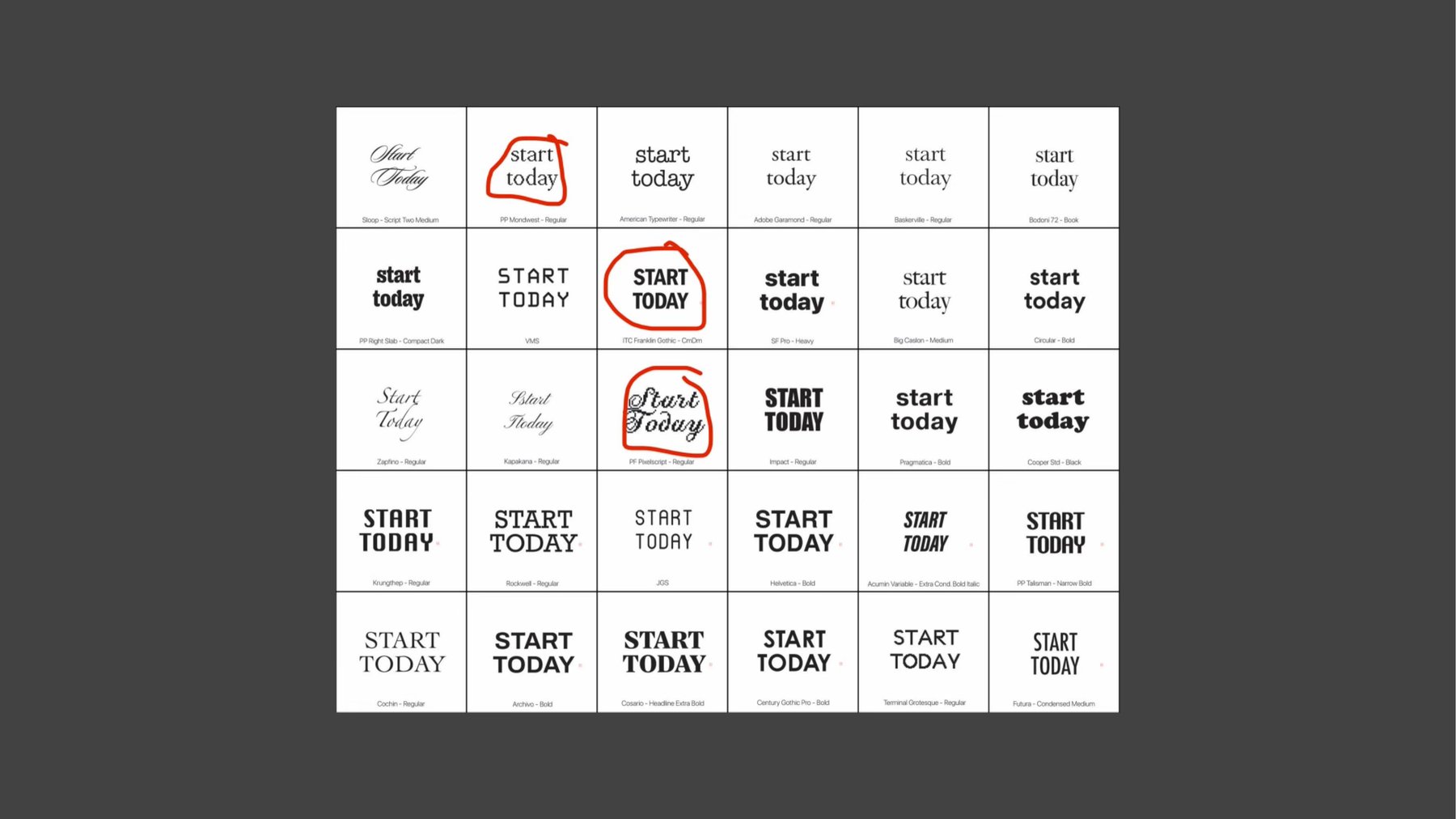 Type exploration — 30 typefaces tested